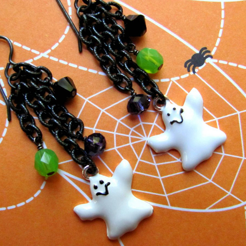 Ghost Earrings - Enamel Ghost Charm Swarovski Crystals Chain