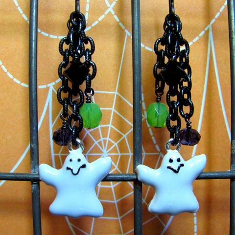 Ghost Earrings - Enamel Ghost Charm Swarovski Crystals Chain