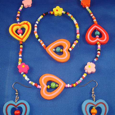 Girls Set of Necklace, Bracelet & Earrings, Bright Colorful Hearts